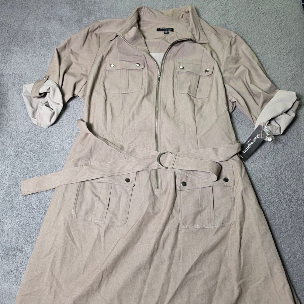 Sharagano Woman 24W Utility Safari Dress Tan Zip Front Belted Roll Tab Sleev NWT